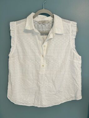 LOFT White Eyelet Collared Sleeveless Blouse